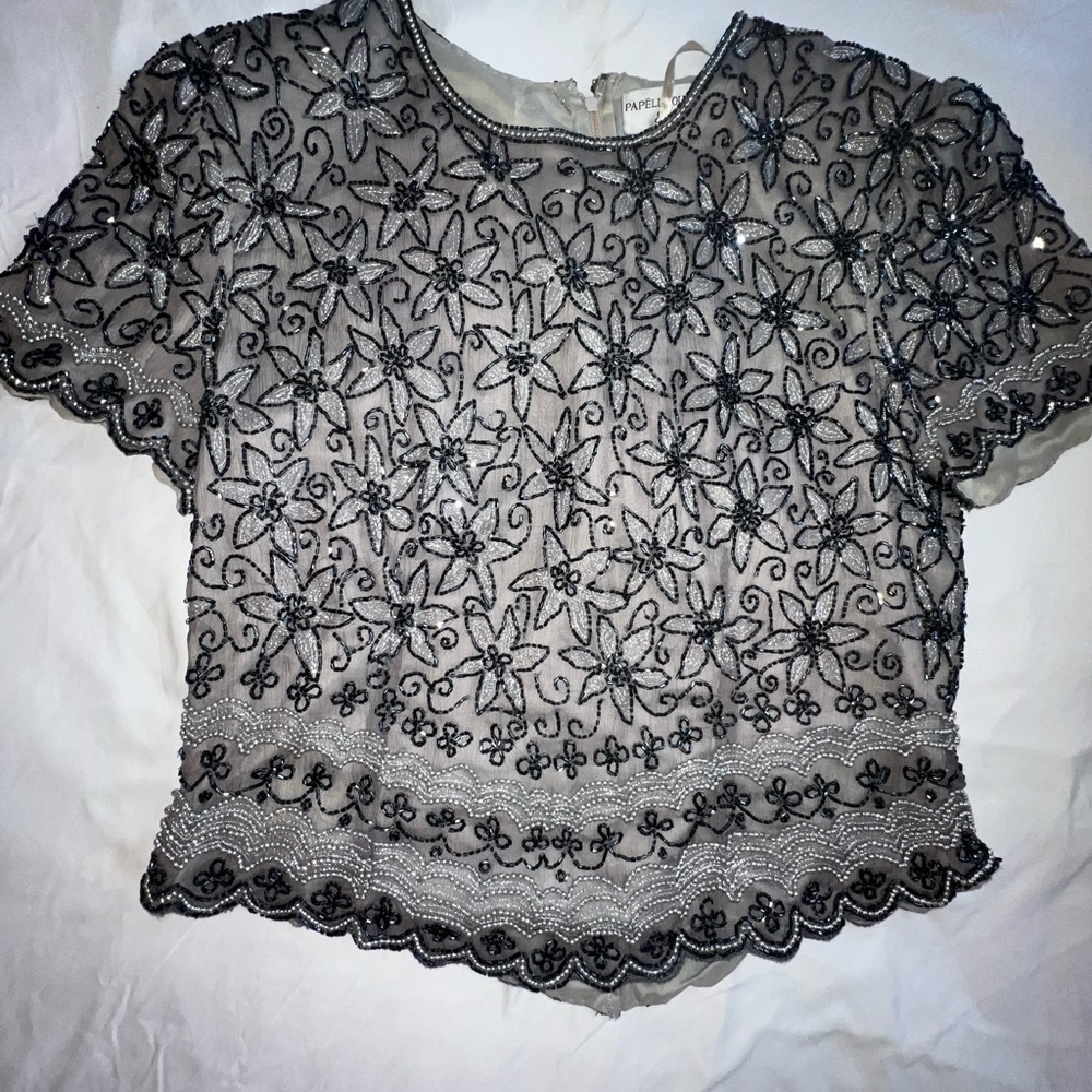 PAPÉLL BOUTIQUE Evening, Silk Bead Embroidered Shirt, Size PL